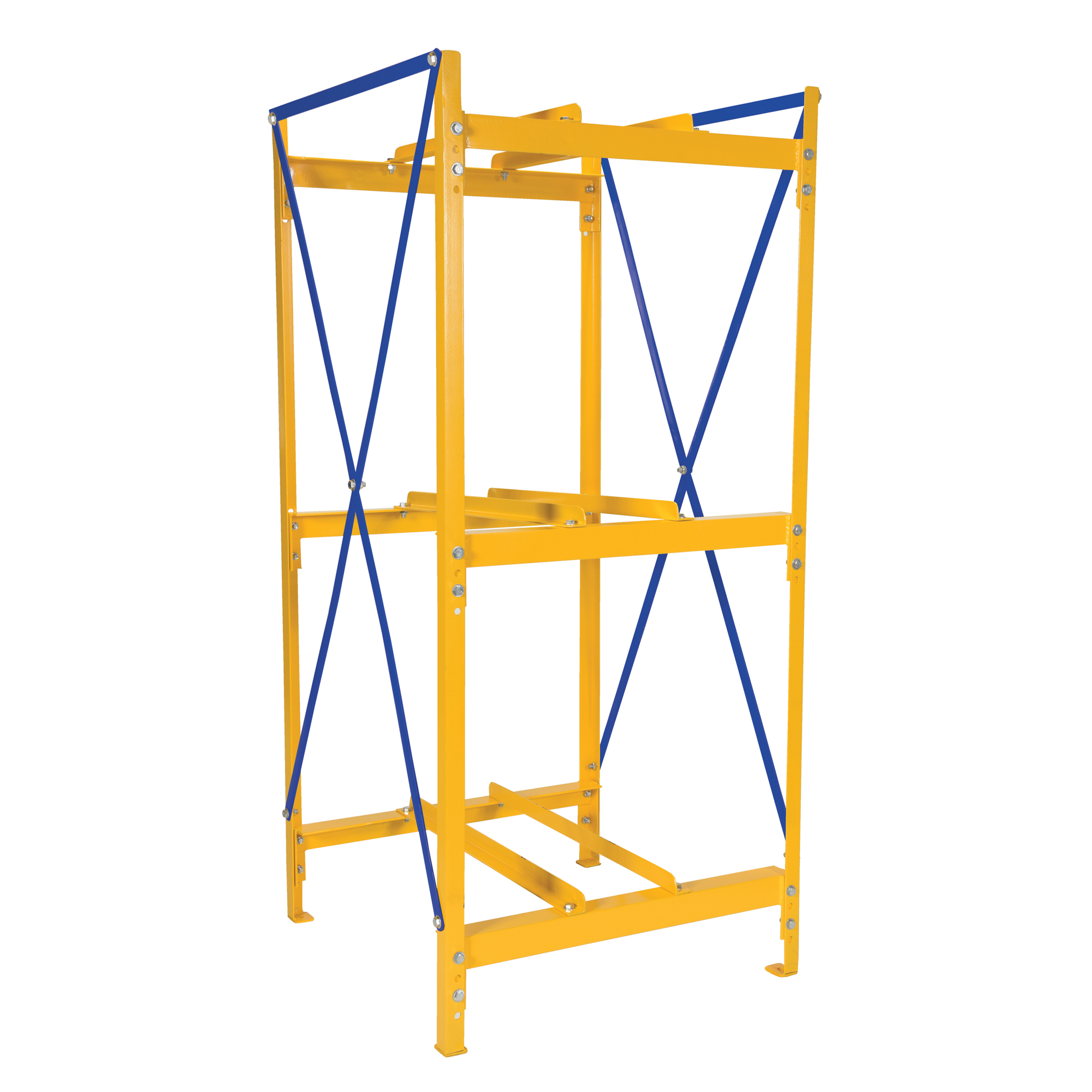 Vestil Steel Horizontal 3-Drum Storage Rack - 74.563in. Height, Yellow with Blue Cross Braces, Model# DRK-1-3